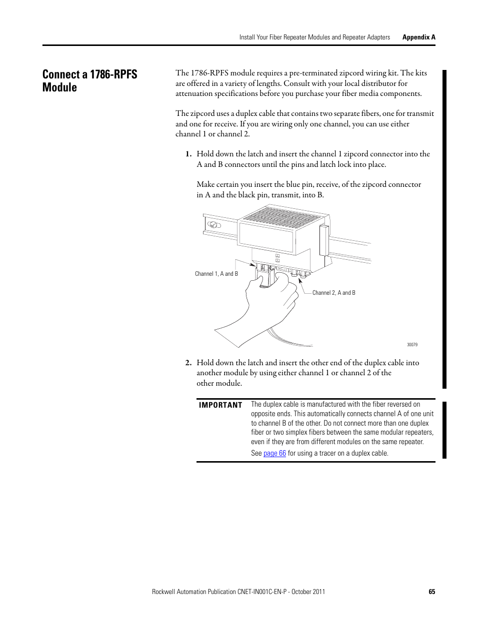 Connect a 1786-rpfs module | Rockwell Automation 1786-series ControlNet Fiber Media Planning and Installation Guide User Manual | Page 65 / 88