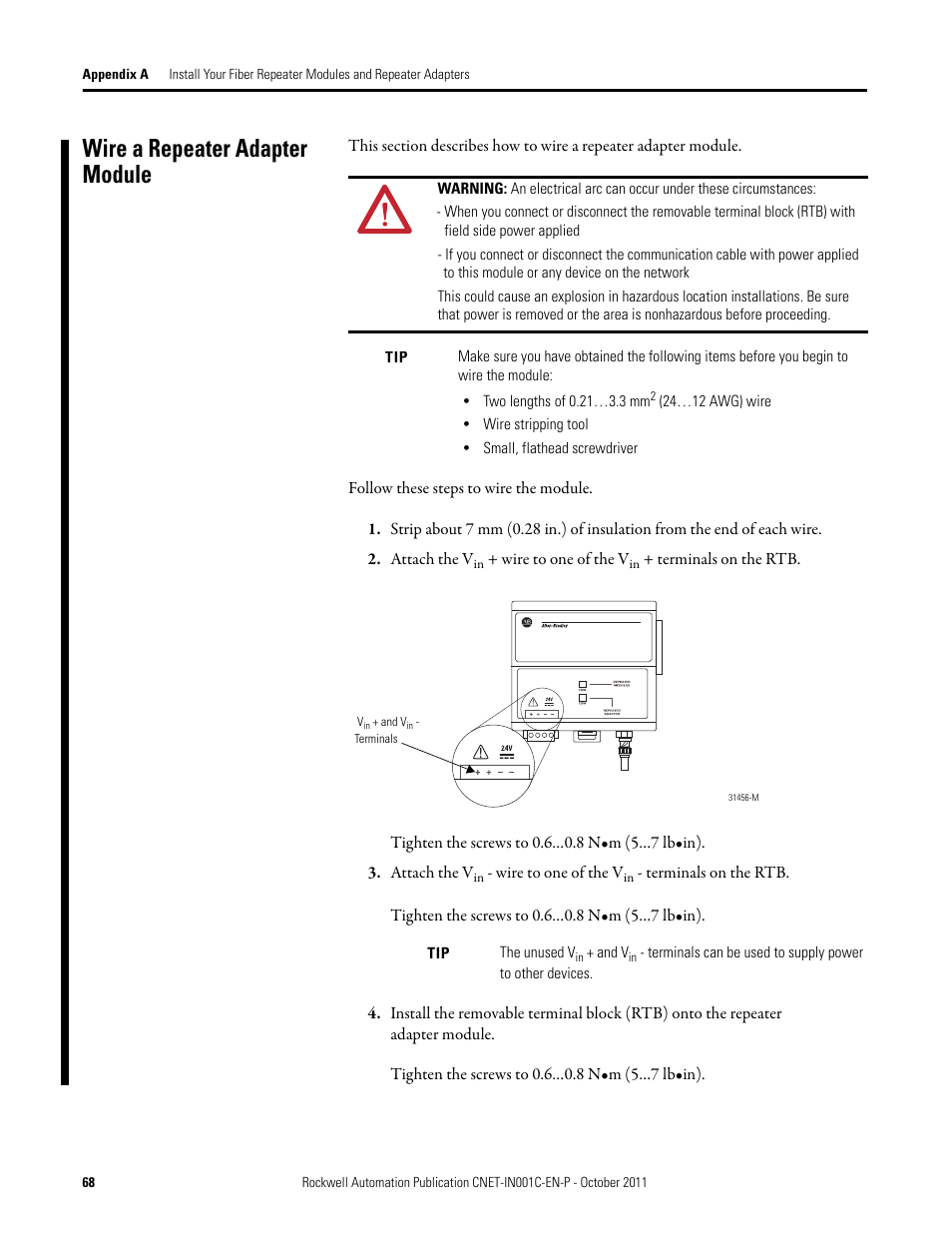 Wire a repeater adapter module | Rockwell Automation 1786-series ControlNet Fiber Media Planning and Installation Guide User Manual | Page 68 / 88