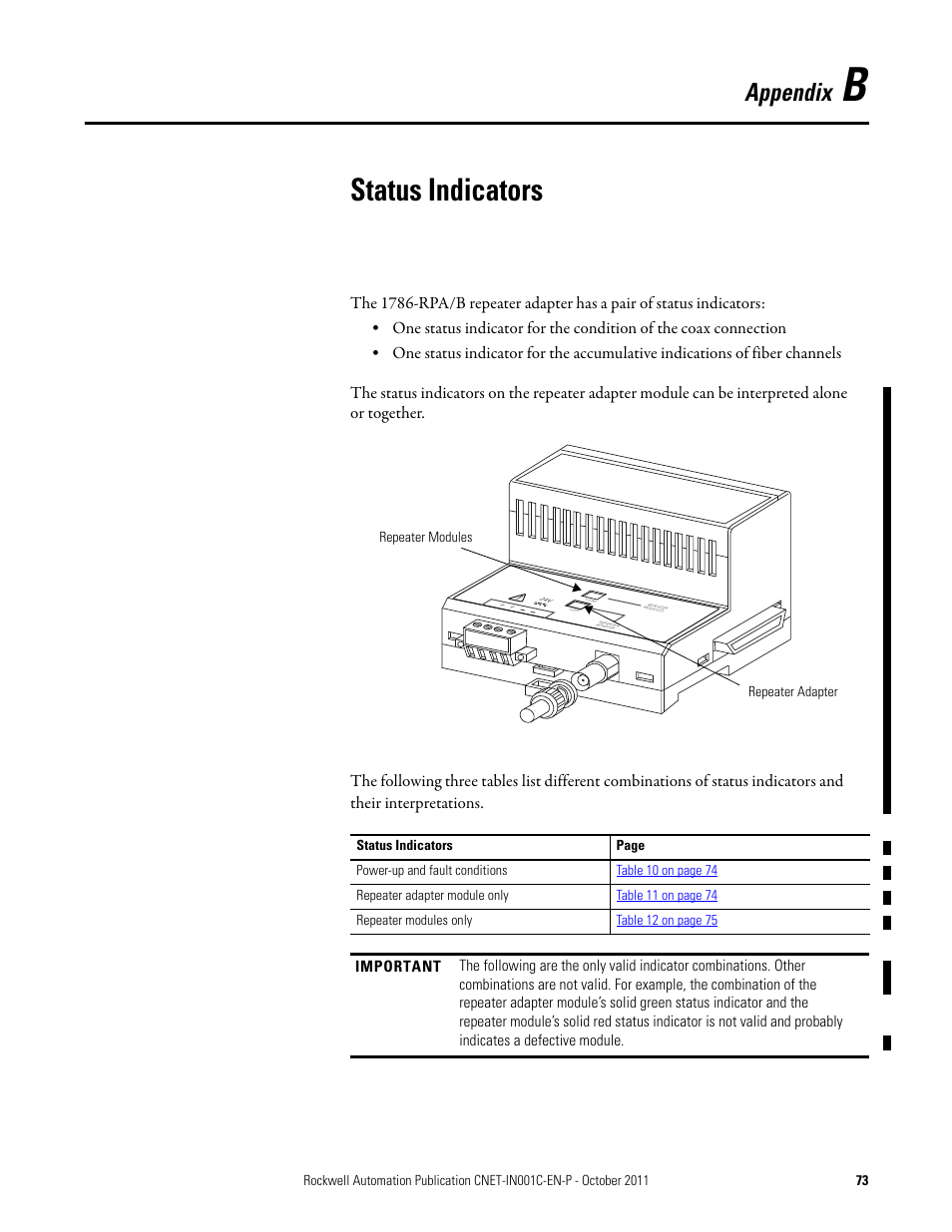 B - status indicators, Appendix b, Status indicators | Appendix | Rockwell Automation 1786-series ControlNet Fiber Media Planning and Installation Guide User Manual | Page 73 / 88