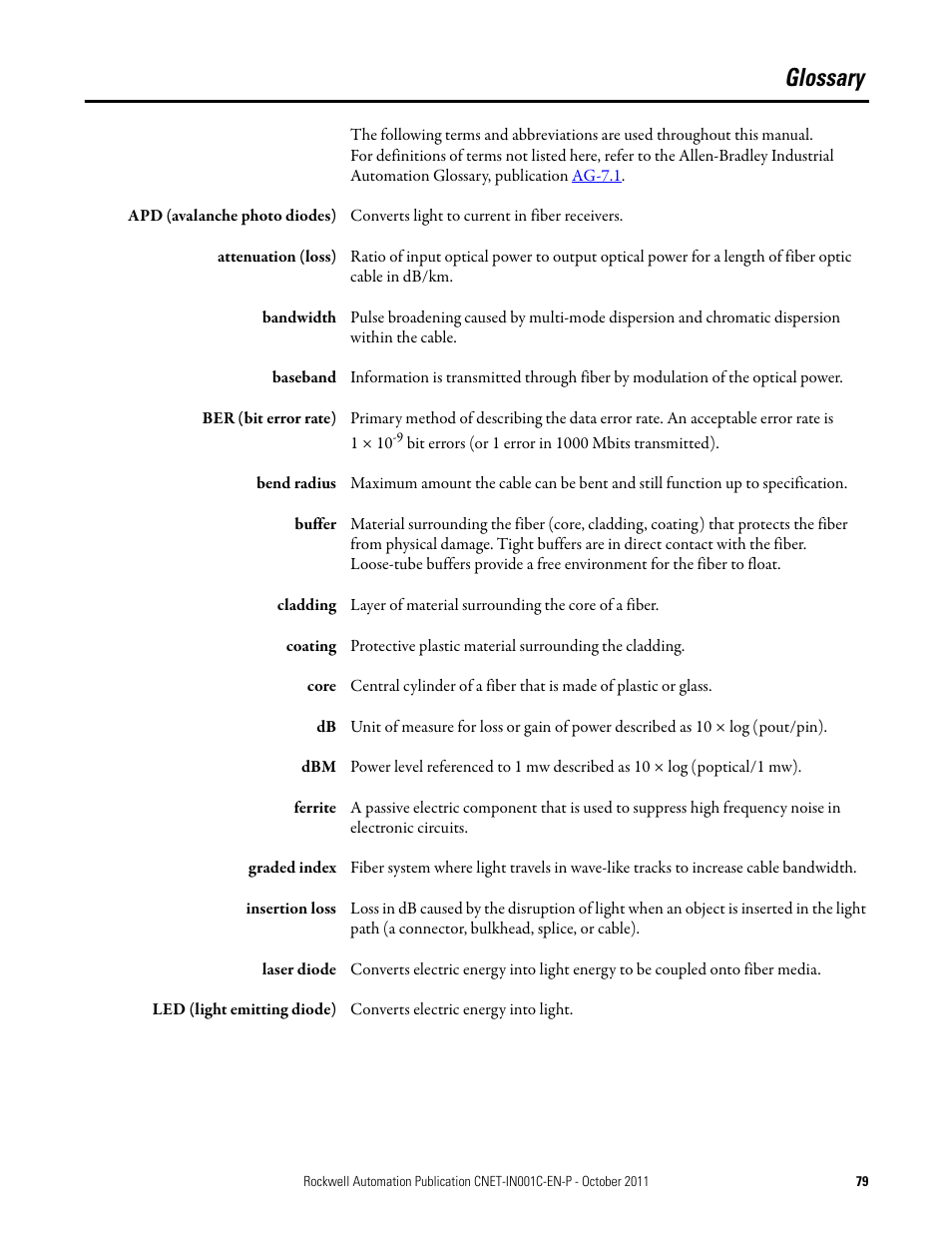 Glossary | Rockwell Automation 1786-series ControlNet Fiber Media Planning and Installation Guide User Manual | Page 79 / 88