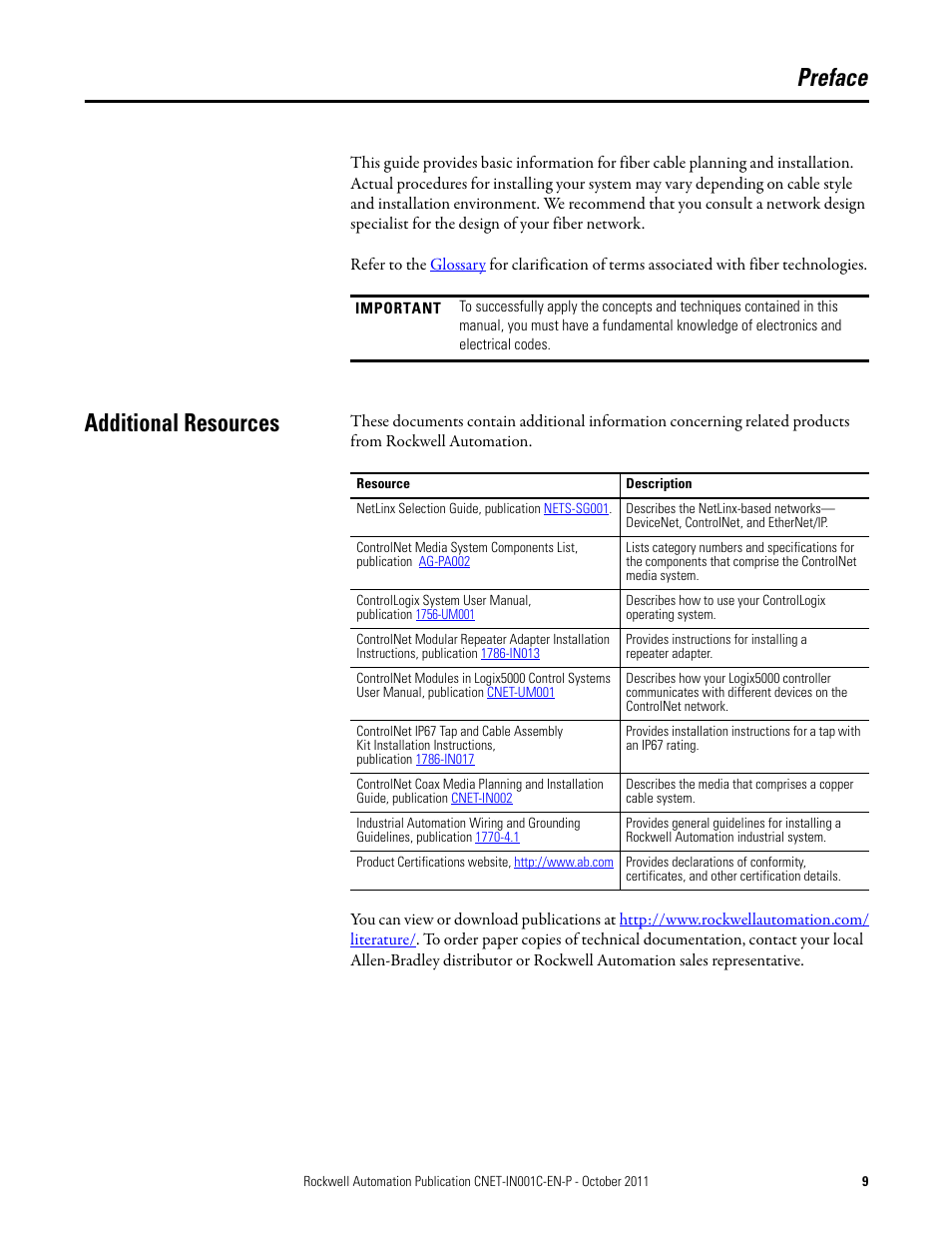 Preface, Additional resources | Rockwell Automation 1786-series ControlNet Fiber Media Planning and Installation Guide User Manual | Page 9 / 88