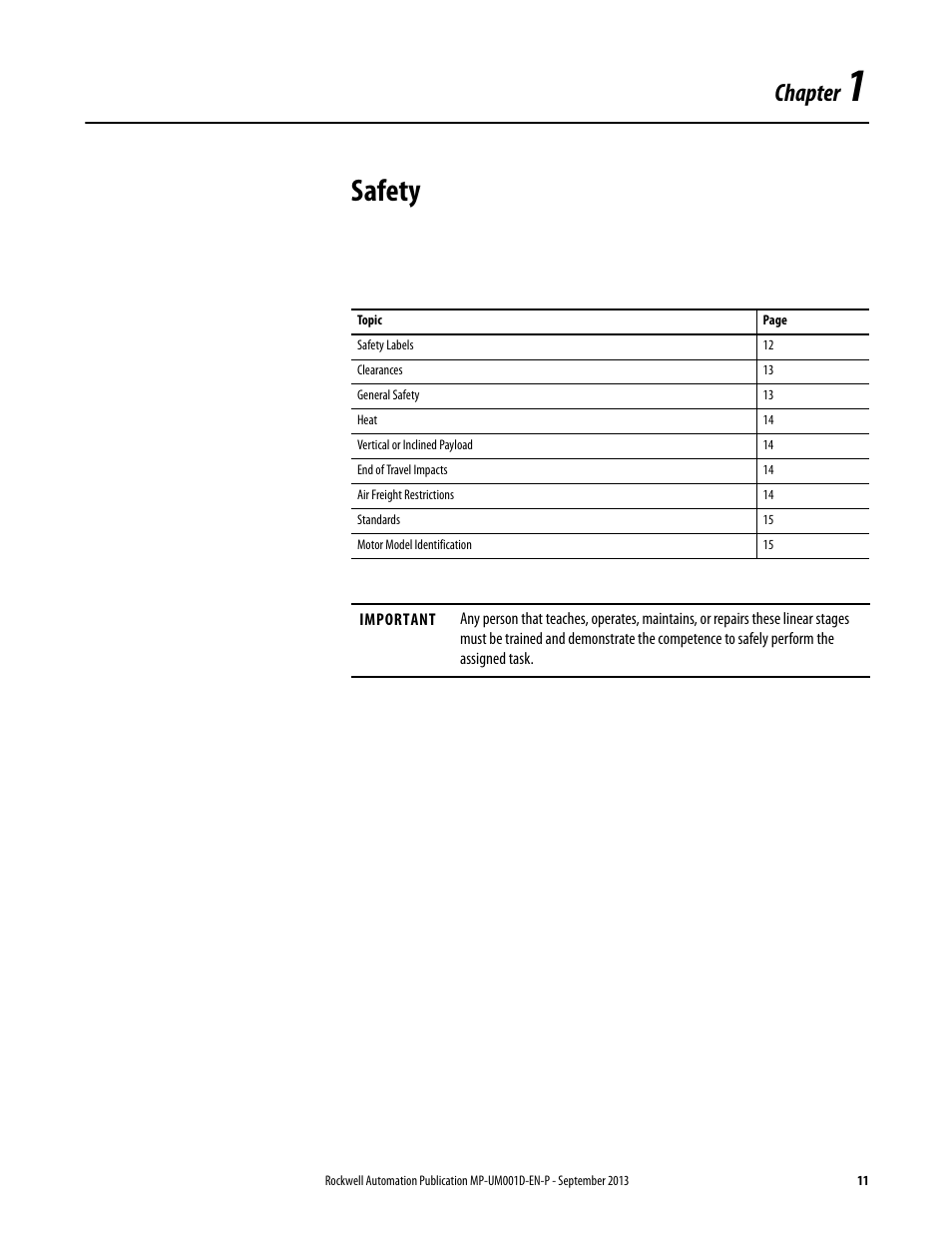 Chapter 1 - safety, Chapter 1, Safety | Chapter | Rockwell Automation MPAS Integrated Linear Stages User Manual | Page 11 / 112