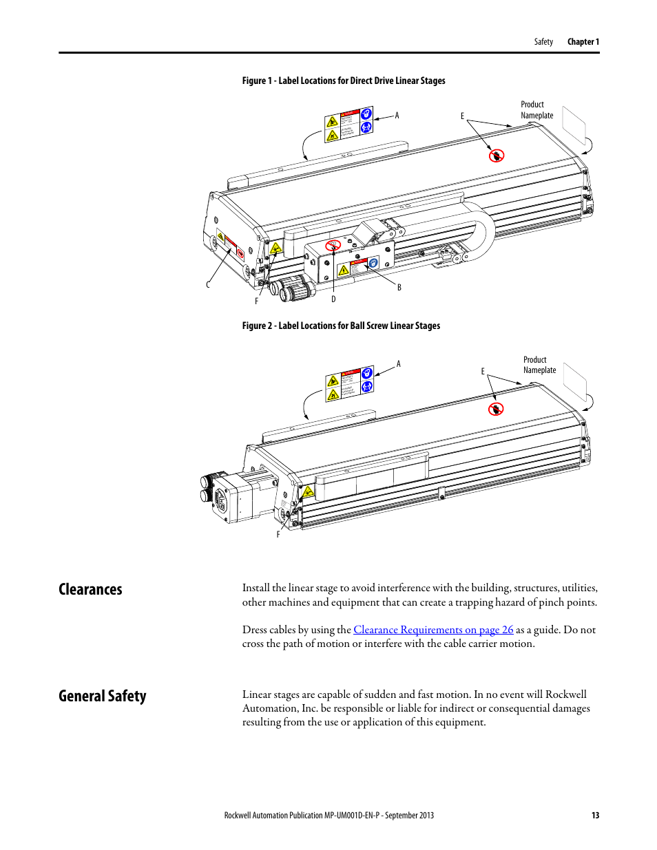 Clearances, General safety, Clearances general safety | Clearances 13, Eb d product nameplate a c f, Ma ximu m pressure e product nameplate a f | Rockwell Automation MPAS Integrated Linear Stages User Manual | Page 13 / 112