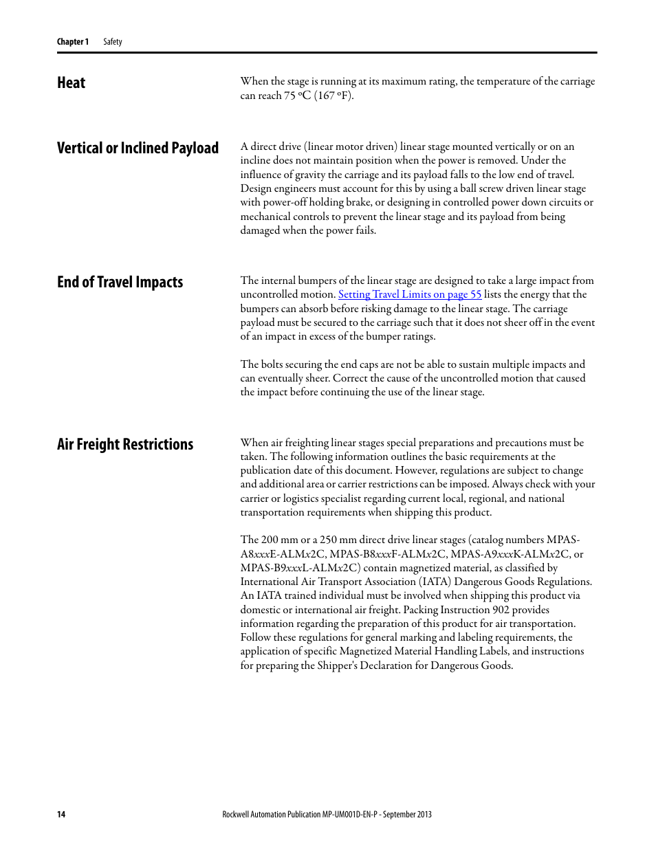 Heat, Vertical or inclined payload, End of travel impacts | Air freight restrictions | Rockwell Automation MPAS Integrated Linear Stages User Manual | Page 14 / 112