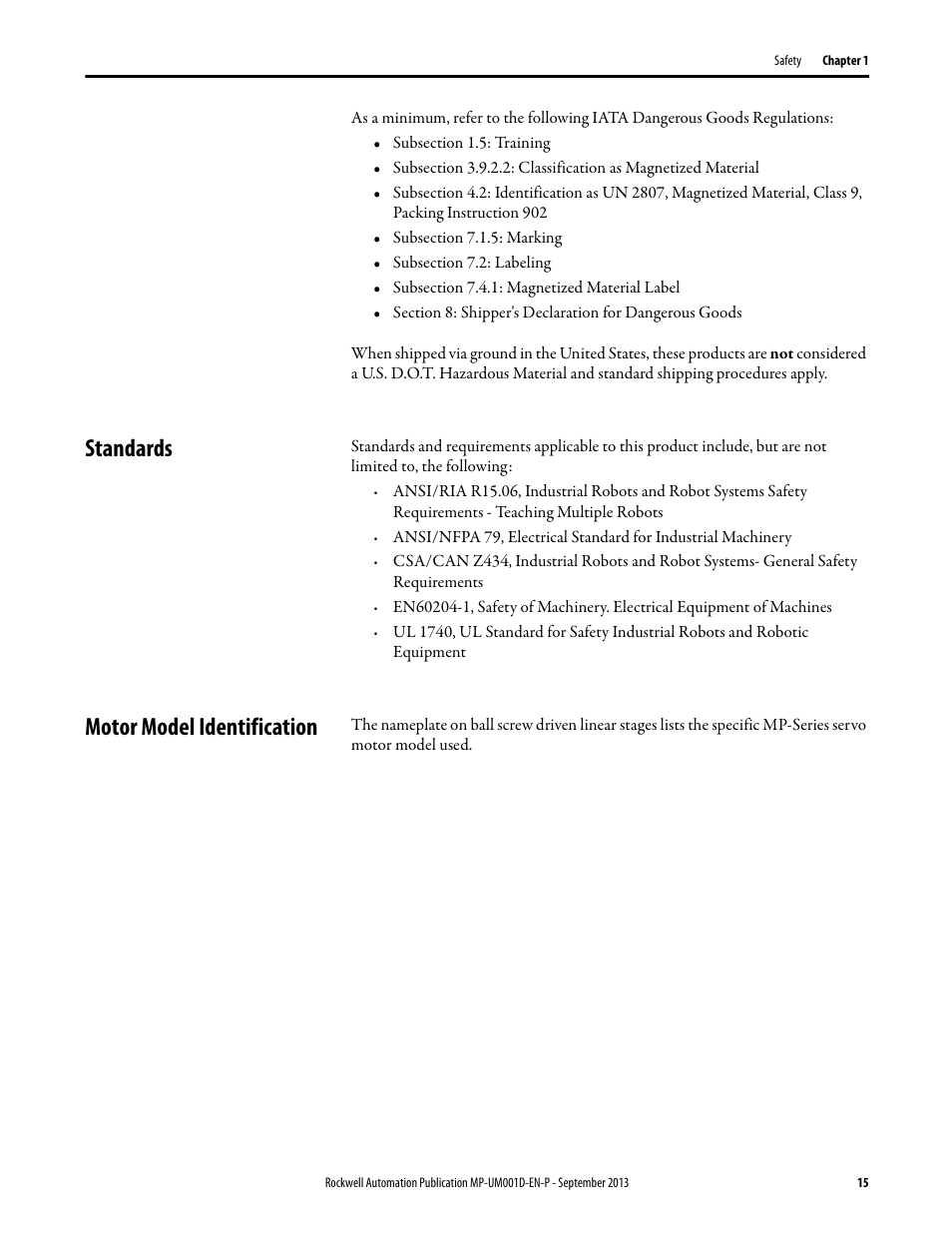 Standards, Motor model identification, Standards motor model identification | Standards 15 | Rockwell Automation MPAS Integrated Linear Stages User Manual | Page 15 / 112
