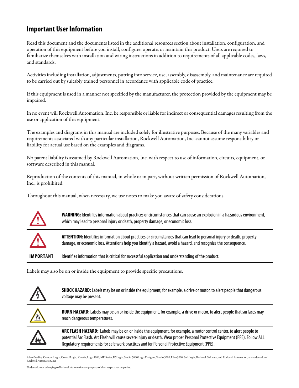 Important user information | Rockwell Automation MPAS Integrated Linear Stages User Manual | Page 2 / 112