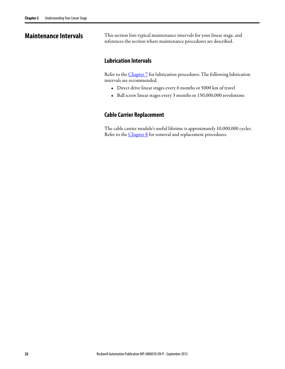 Maintenance intervals, Lubrication intervals, Cable carrier replacement | Lubrication intervals cable carrier replacement | Rockwell Automation MPAS Integrated Linear Stages User Manual | Page 22 / 112