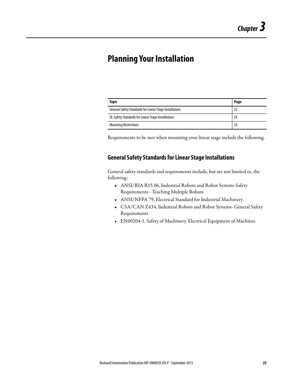 Chapter 3 - planning your installation, Chapter 3, Planning your installation | Chapter | Rockwell Automation MPAS Integrated Linear Stages User Manual | Page 23 / 112