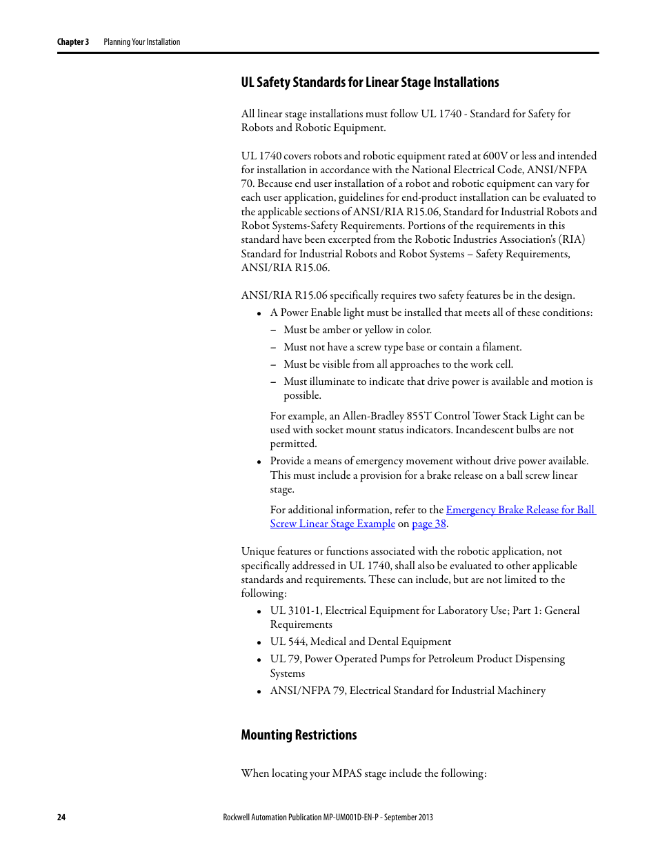 Ul safety standards for linear stage installations, Mounting restrictions | Rockwell Automation MPAS Integrated Linear Stages User Manual | Page 24 / 112