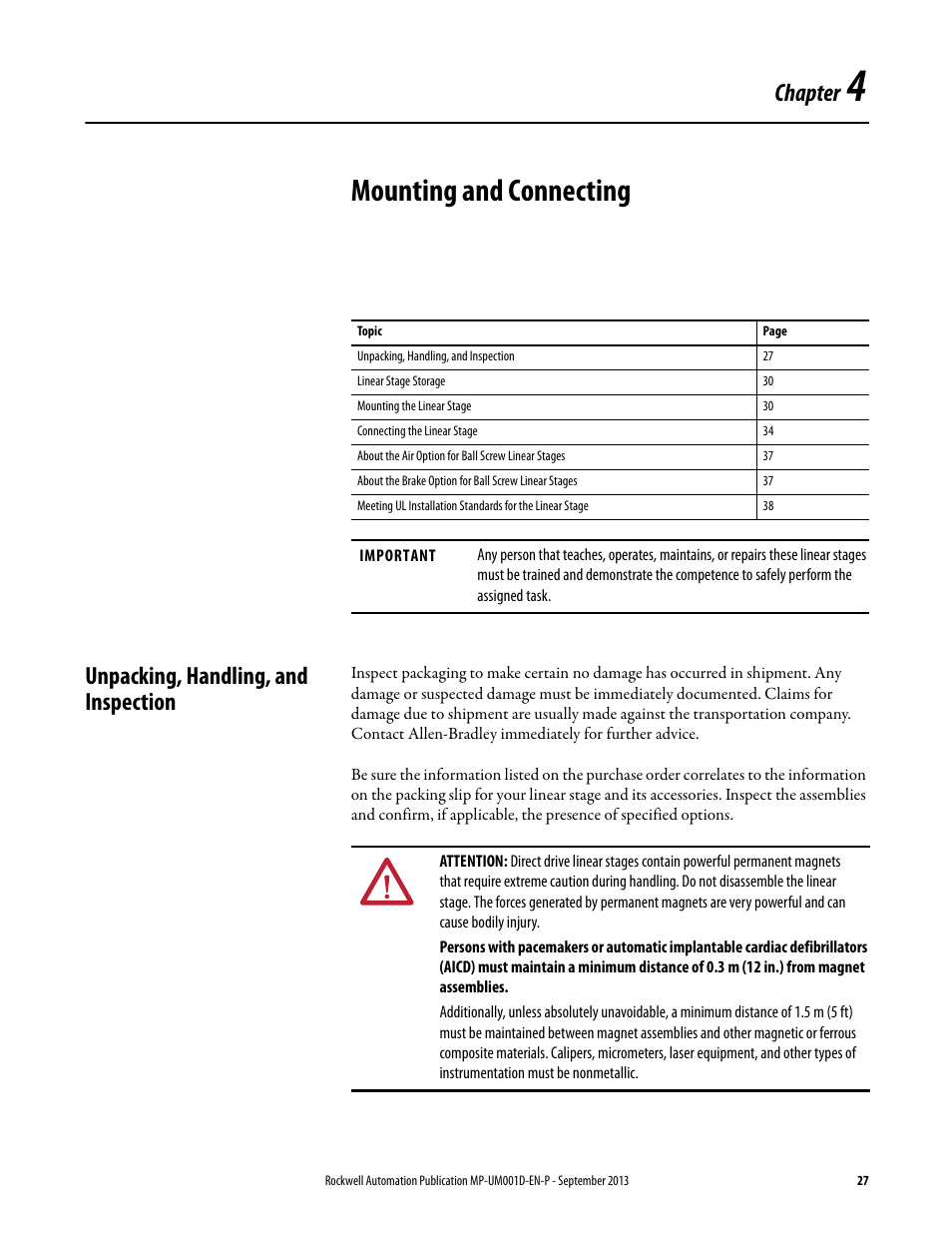 Chapter 4 - mounting and connecting, Unpacking, handling, and inspection, Chapter 4 | Mounting and connecting, Chapter | Rockwell Automation MPAS Integrated Linear Stages User Manual | Page 27 / 112