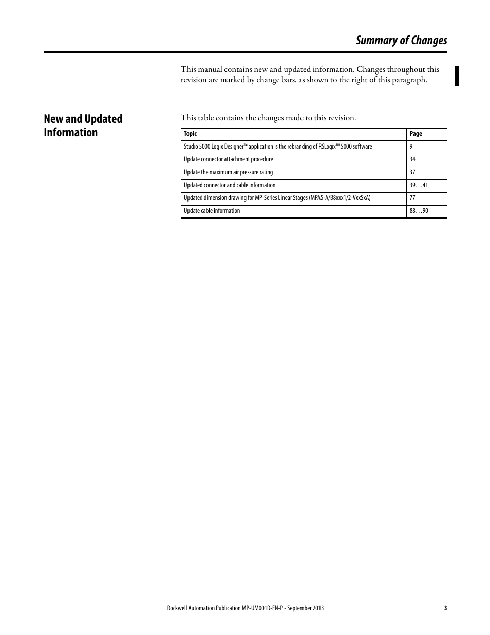 Summary of changes, New and updated information | Rockwell Automation MPAS Integrated Linear Stages User Manual | Page 3 / 112