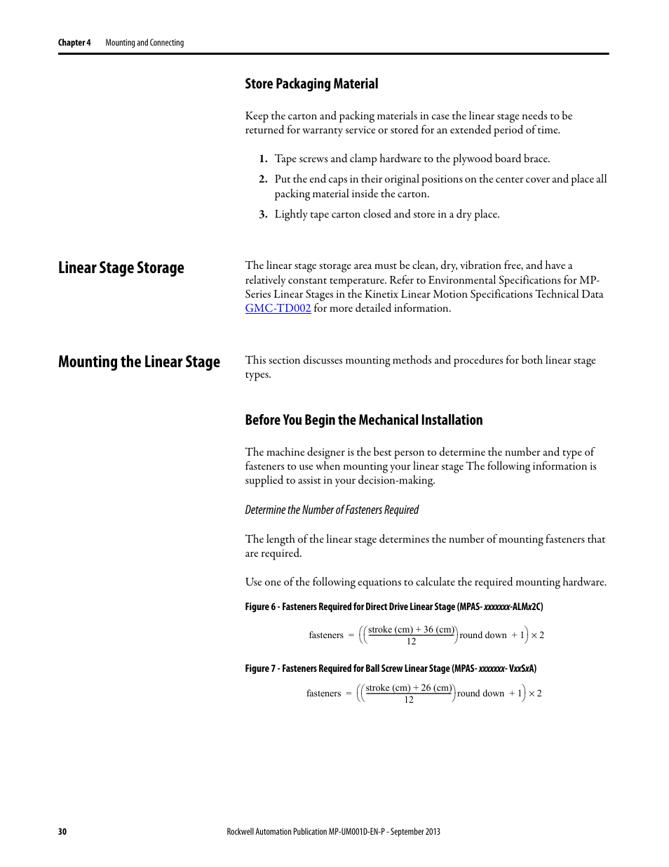 Store packaging material, Linear stage storage, Mounting the linear stage | Before you begin the mechanical installation, Linear stage storage mounting the linear stage | Rockwell Automation MPAS Integrated Linear Stages User Manual | Page 30 / 112