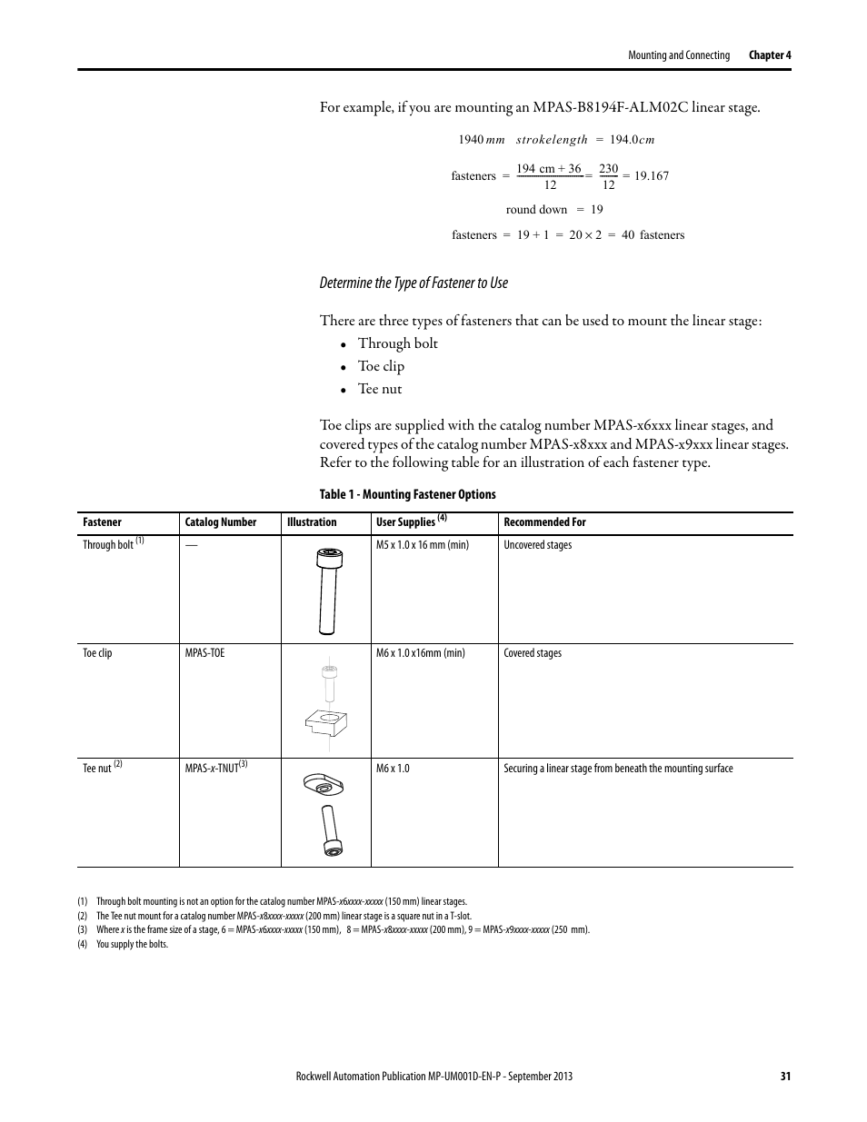 Determine the type of fastener to use | Rockwell Automation MPAS Integrated Linear Stages User Manual | Page 31 / 112