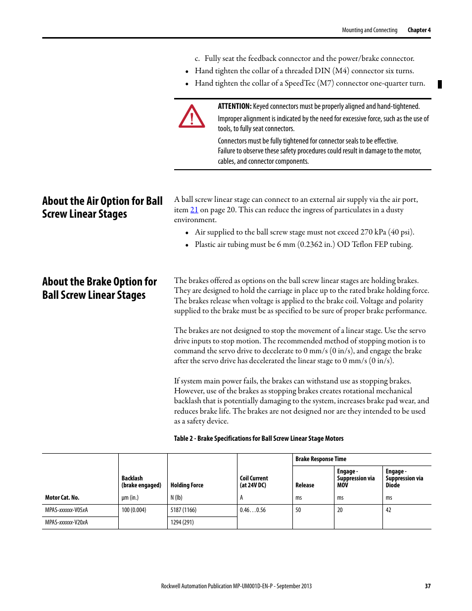 About the air option for ball screw linear stages | Rockwell Automation MPAS Integrated Linear Stages User Manual | Page 37 / 112