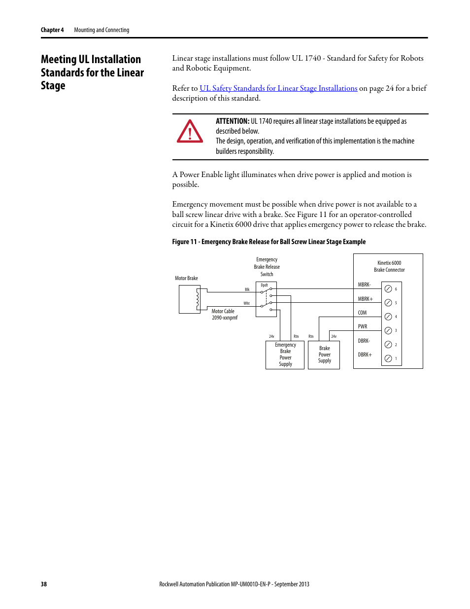 Emergency brake release for ball, Screw linear stage example | Rockwell Automation MPAS Integrated Linear Stages User Manual | Page 38 / 112