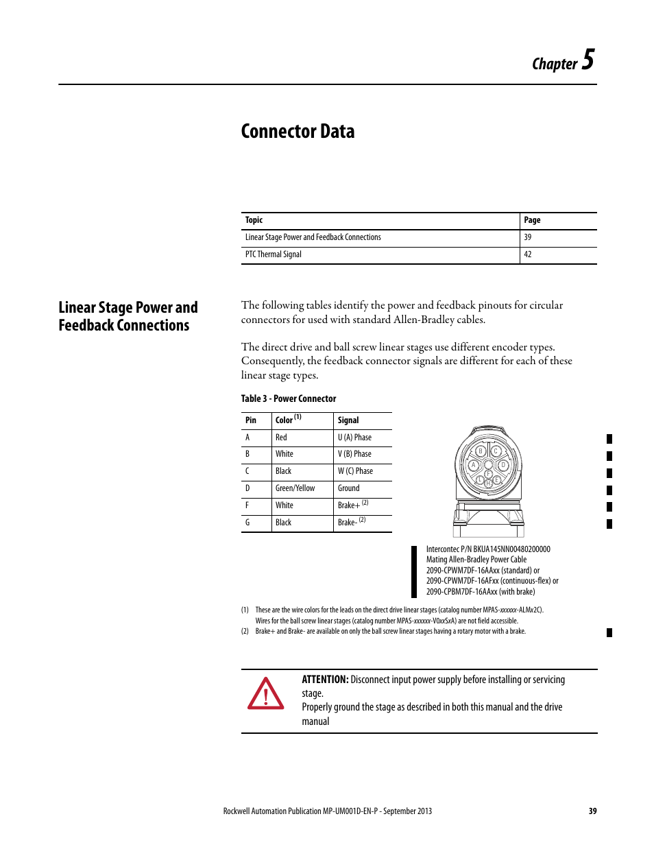 Chapter 5 - connector data, Linear stage power and feedback connections, Chapter 5 | Connector data, Chapter | Rockwell Automation MPAS Integrated Linear Stages User Manual | Page 39 / 112