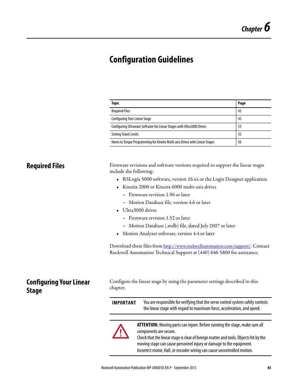Chapter 6 - configuration guidelines, Required files, Configuring your linear stage | Chapter 6, Configuration guidelines, Required files configuring your linear stage, Chapter | Rockwell Automation MPAS Integrated Linear Stages User Manual | Page 43 / 112