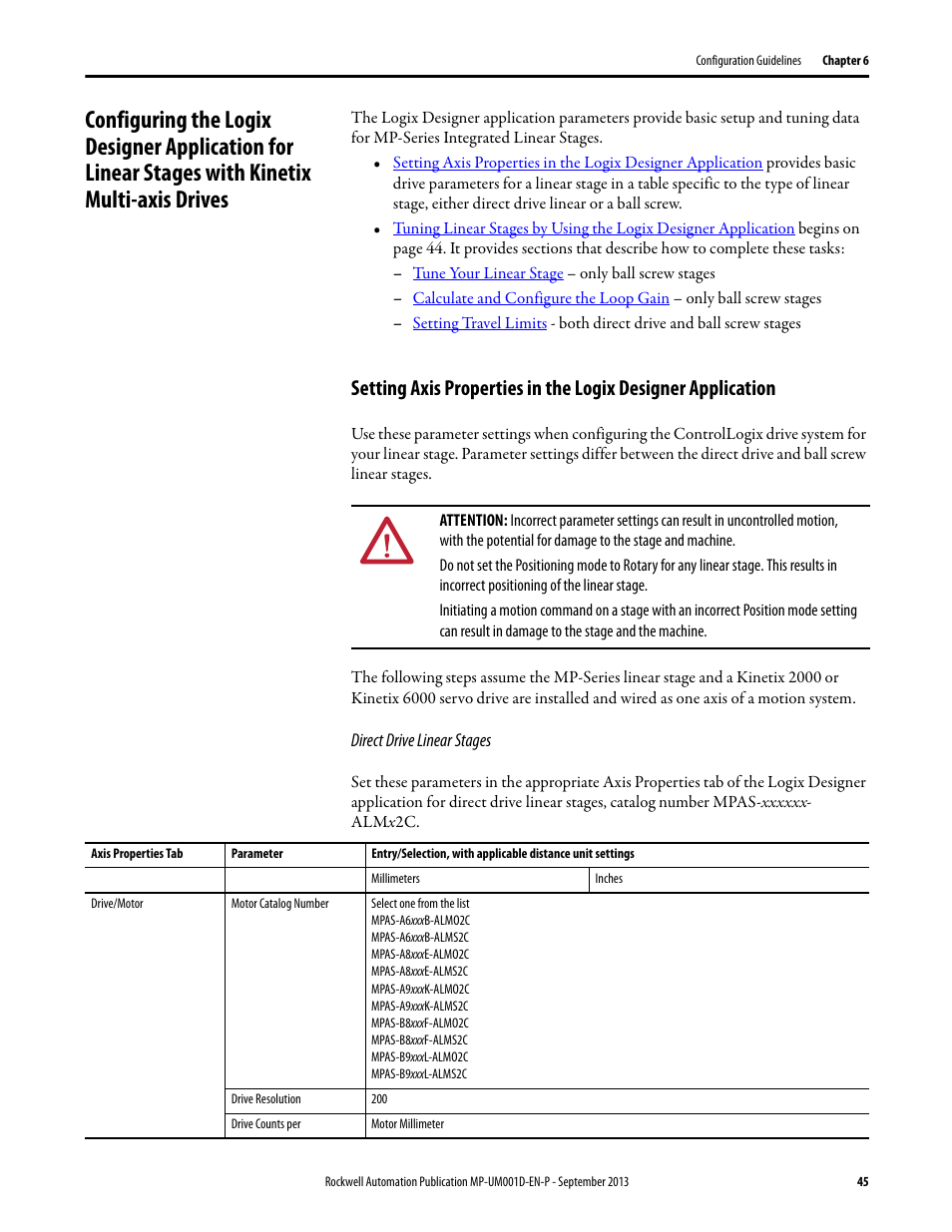 Configuring the logix designer application for, Linear stages with kinetix multi-axis drives | Rockwell Automation MPAS Integrated Linear Stages User Manual | Page 45 / 112