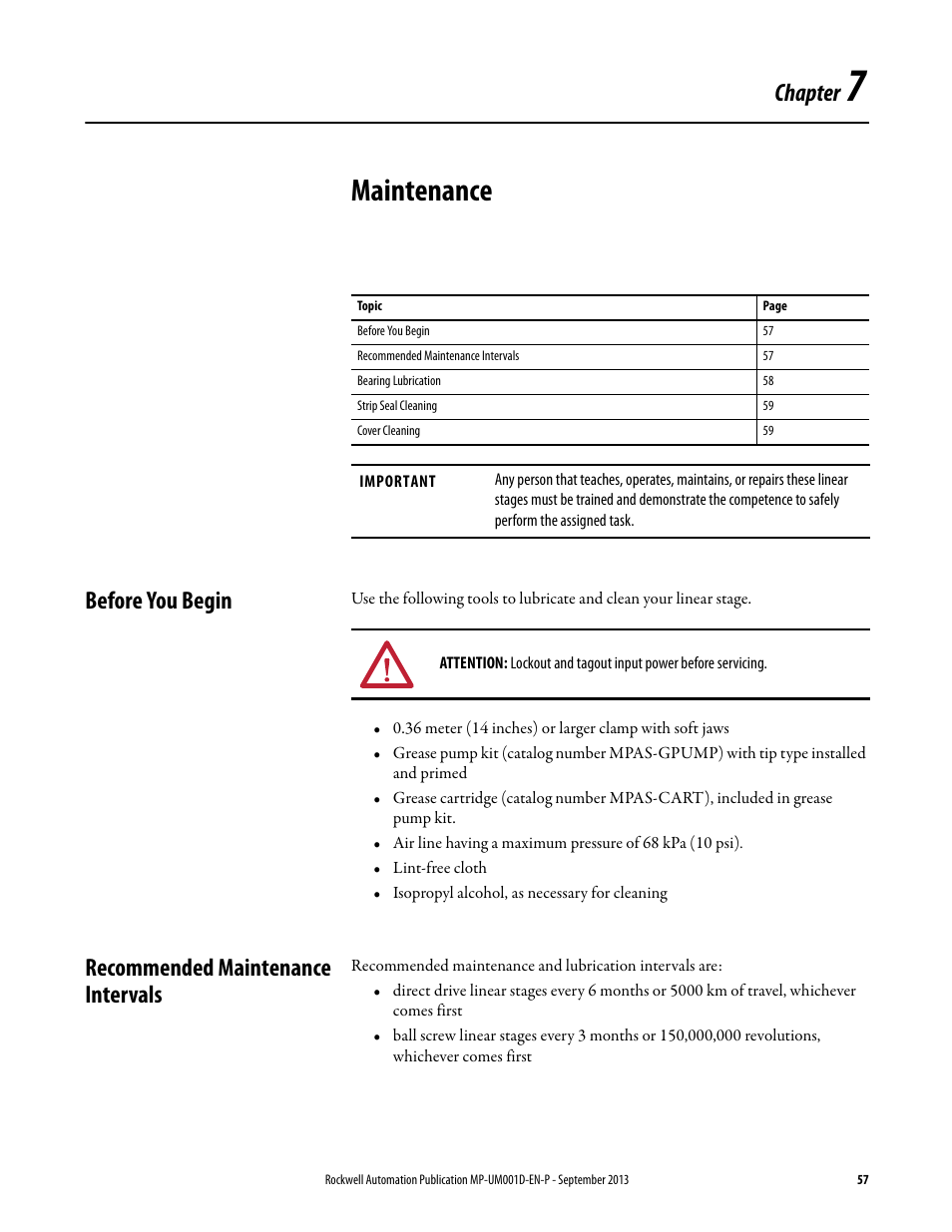 Chapter 7 - maintenance, Before you begin, Recommended maintenance intervals | Chapter 7, Maintenance, Before you begin recommended maintenance intervals, For lu, Chapter | Rockwell Automation MPAS Integrated Linear Stages User Manual | Page 57 / 112