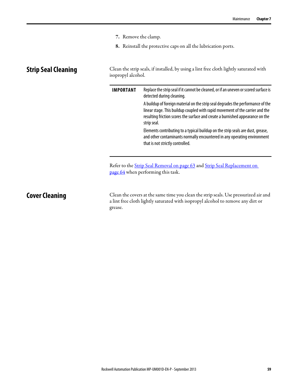 Strip seal cleaning, Cover cleaning, Strip seal cleaning cover cleaning | Rockwell Automation MPAS Integrated Linear Stages User Manual | Page 59 / 112