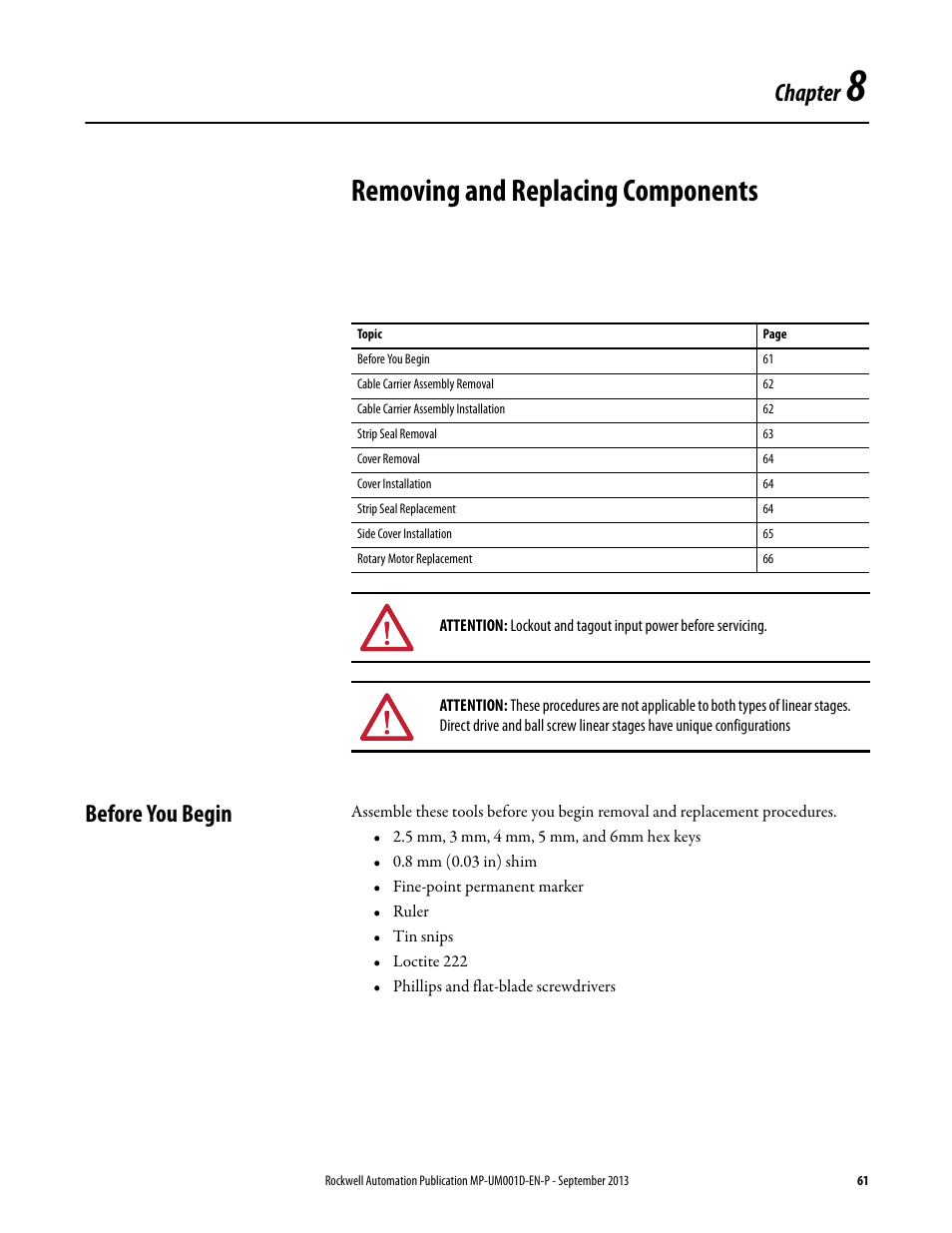 Chapter 8 - removing and replacing components, Before you begin, Chapter 8 | Removing and replacing components, For re, Chapter | Rockwell Automation MPAS Integrated Linear Stages User Manual | Page 61 / 112