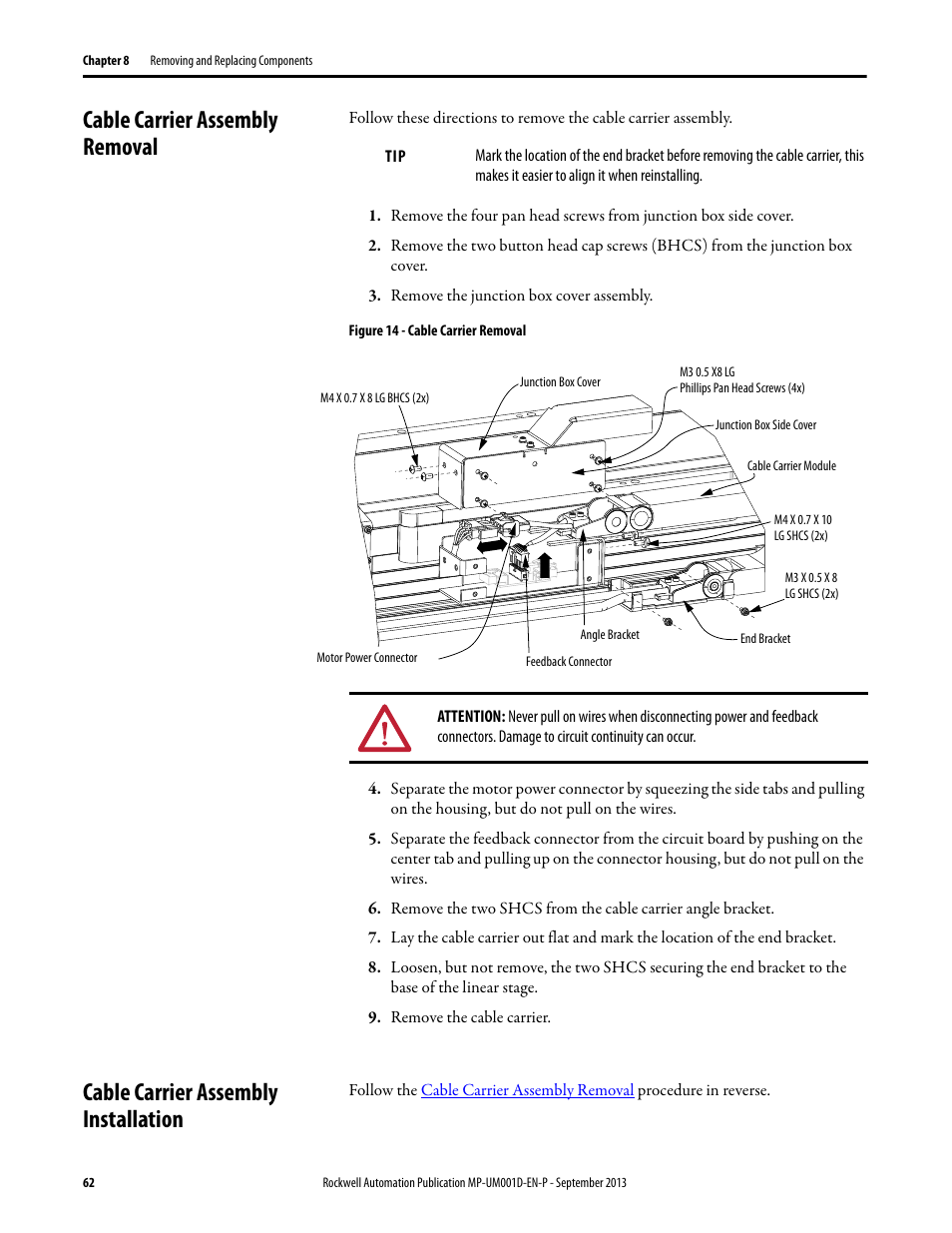 Cable carrier assembly removal, Cable carrier assembly installation | Rockwell Automation MPAS Integrated Linear Stages User Manual | Page 62 / 112