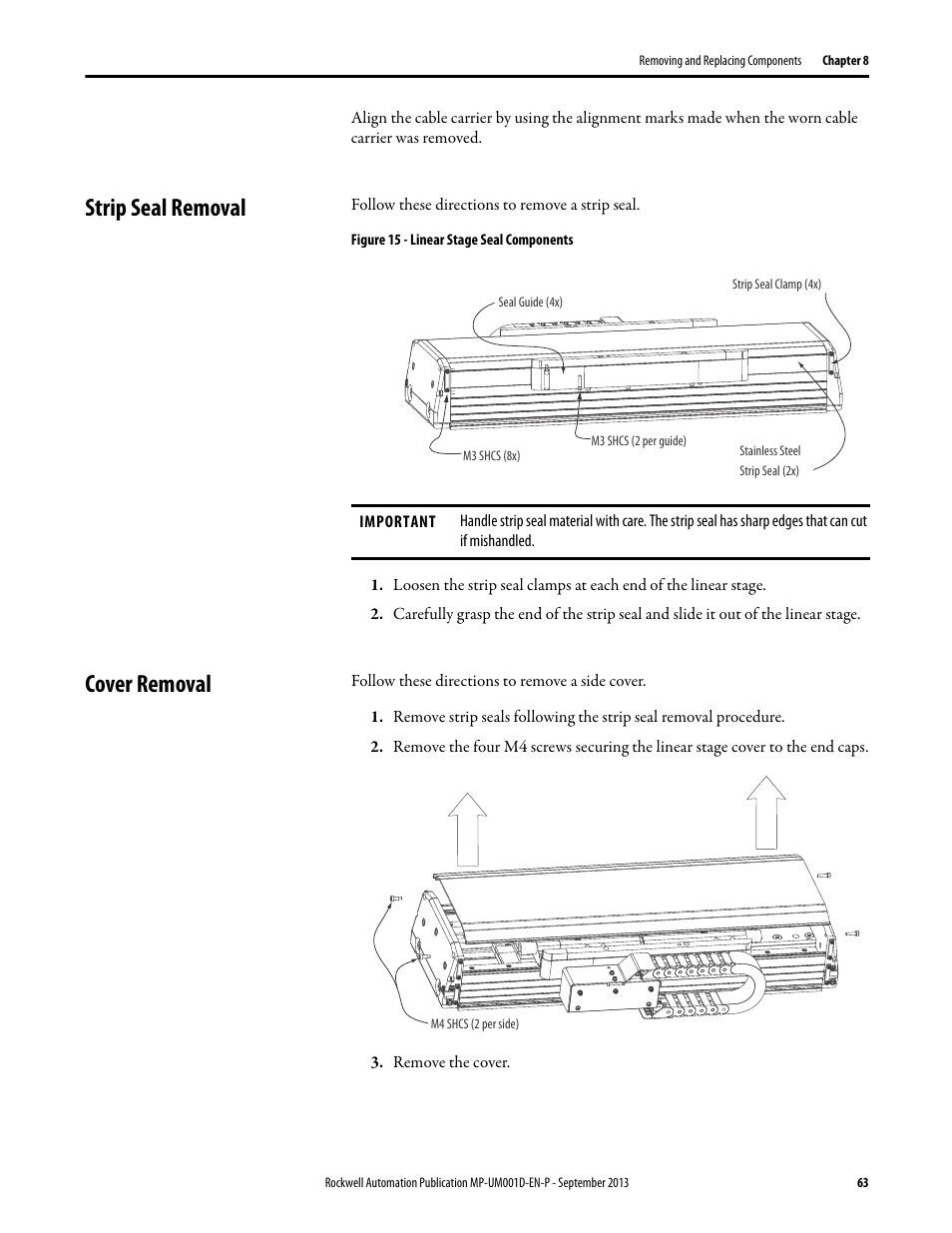 Strip seal removal, Cover removal, Strip seal removal cover removal | Rockwell Automation MPAS Integrated Linear Stages User Manual | Page 63 / 112