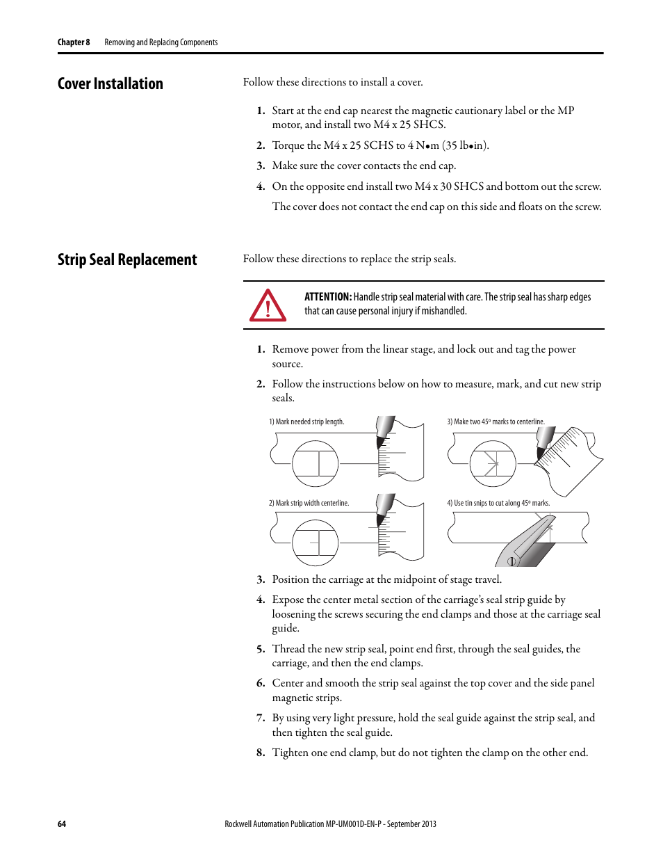 Cover installation, Strip seal replacement, Cover installation strip seal replacement | Strip seal replacement on | Rockwell Automation MPAS Integrated Linear Stages User Manual | Page 64 / 112