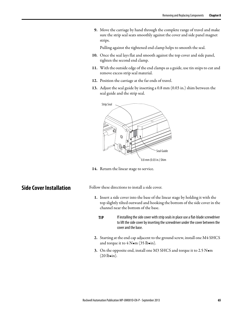 Side cover installation | Rockwell Automation MPAS Integrated Linear Stages User Manual | Page 65 / 112