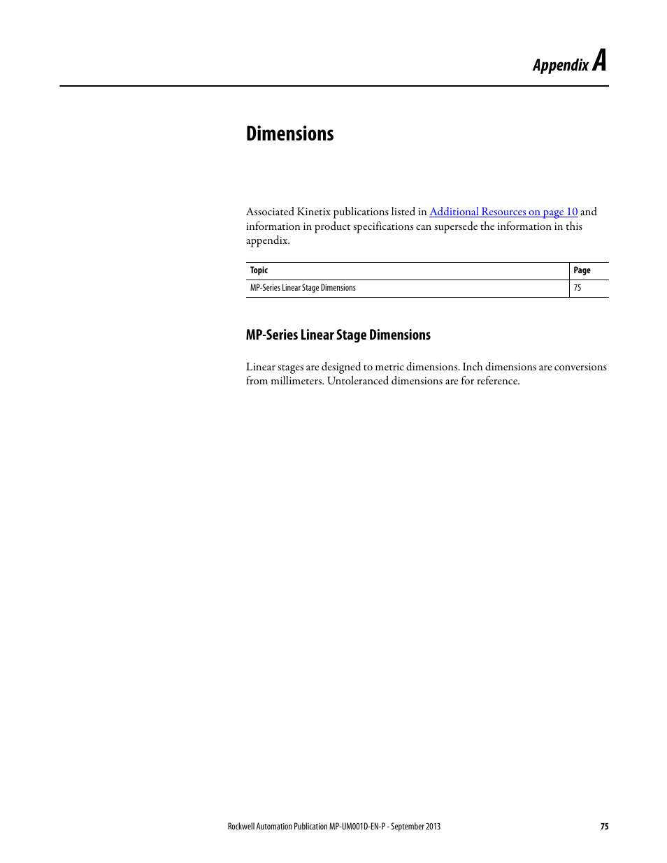 Appendix a - dimensions, Mp-series linear stage dimensions, Appendix a | Dimensions, R to, Appendix | Rockwell Automation MPAS Integrated Linear Stages User Manual | Page 75 / 112