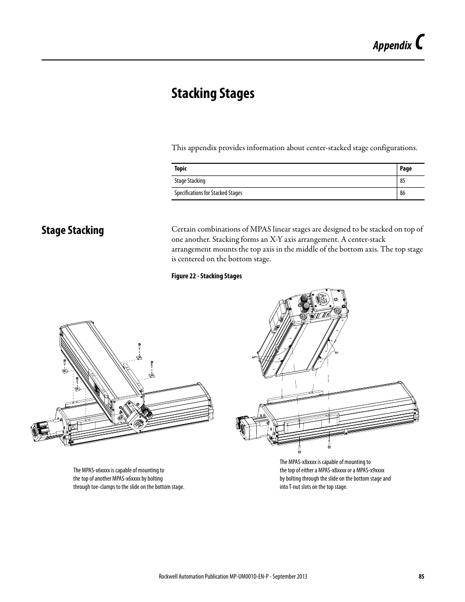 Appendix c - stacking stages, Stage stacking, Appendix c | Stacking stages, Appendix | Rockwell Automation MPAS Integrated Linear Stages User Manual | Page 85 / 112