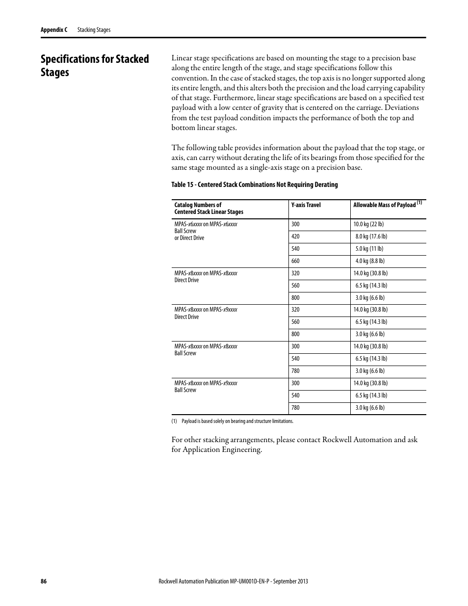 Specifications for stacked stages | Rockwell Automation MPAS Integrated Linear Stages User Manual | Page 86 / 112