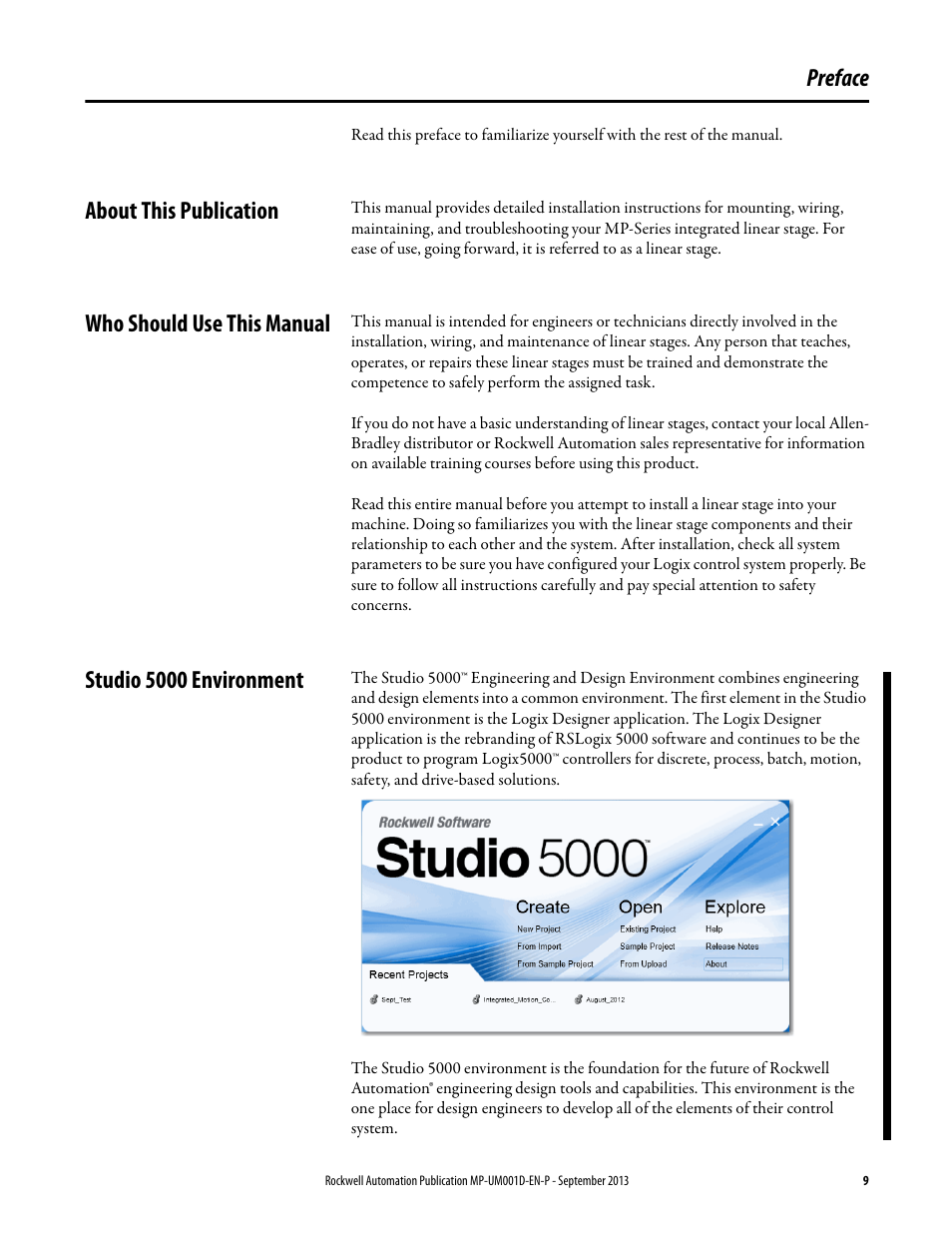 About this publication, Who should use this manual, Studio 5000 environment | Preface | Rockwell Automation MPAS Integrated Linear Stages User Manual | Page 9 / 112