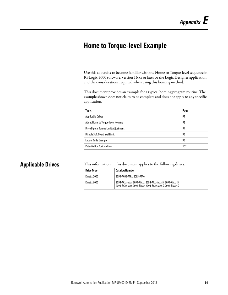 Appendix e - home to torque-level example, Applicable drives, Appendix e | Home to torque-level example, Appendix | Rockwell Automation MPAS Integrated Linear Stages User Manual | Page 91 / 112