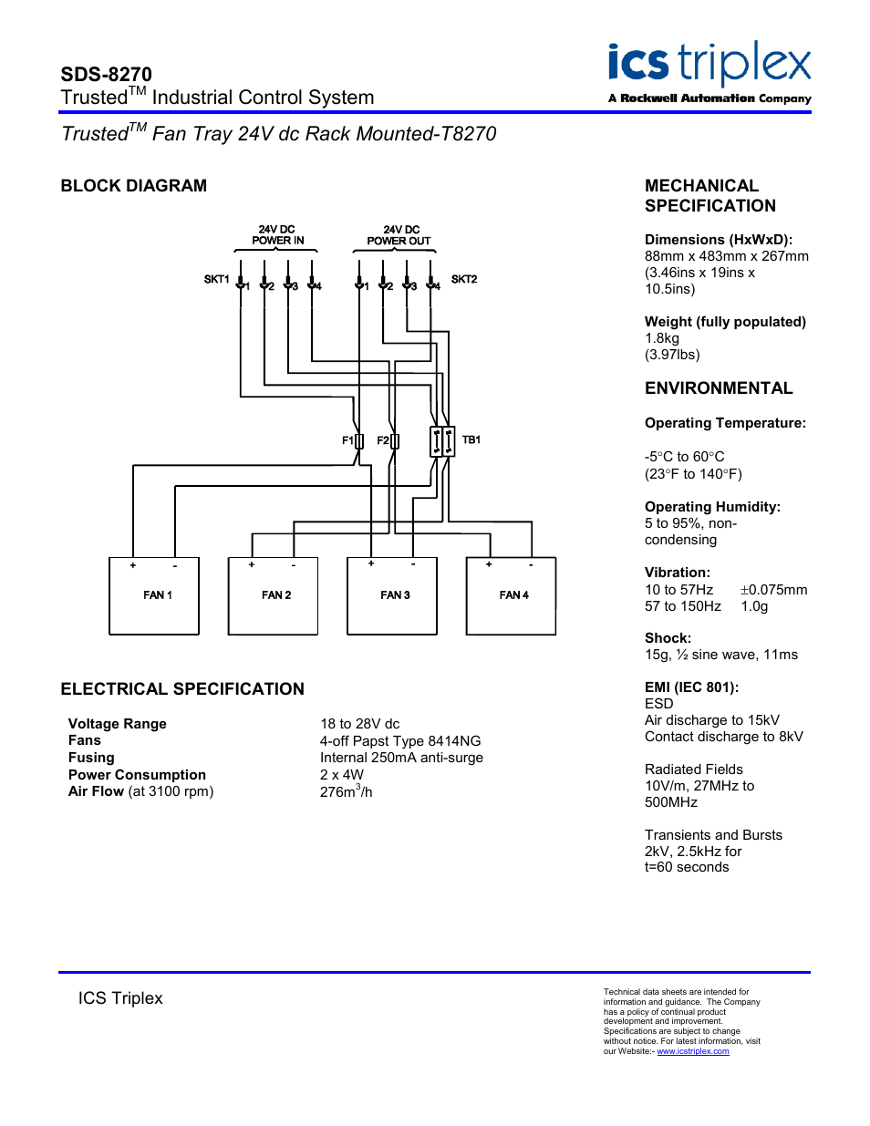 Block diagram, Electrical specification, Sds-8270 trusted | Industrial control system trusted | Rockwell Automation T8270 Trusted Fan-Tray 24V dc Rack Mounted User Manual | Page 2 / 2