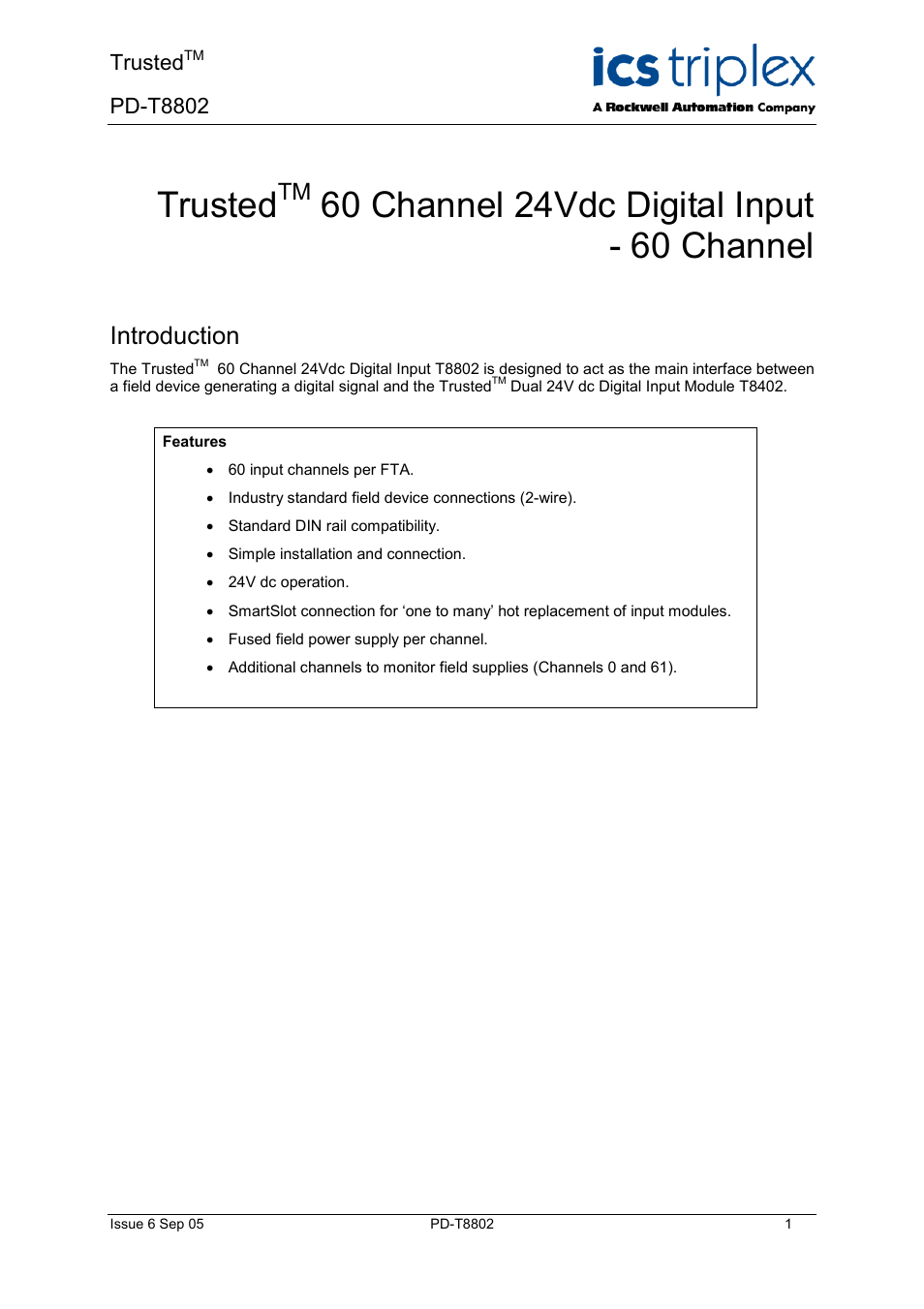 Rockwell Automation T8802 Trusted 24 Vdc Digirtal Input FTA - 60 Channel User Manual | 16 pages