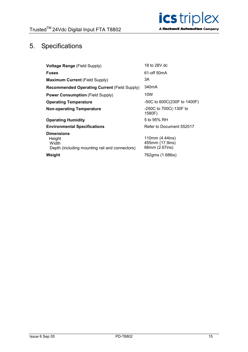 Specifications, Trusted | Rockwell Automation T8802 Trusted 24 Vdc Digirtal Input FTA - 60 Channel User Manual | Page 15 / 16