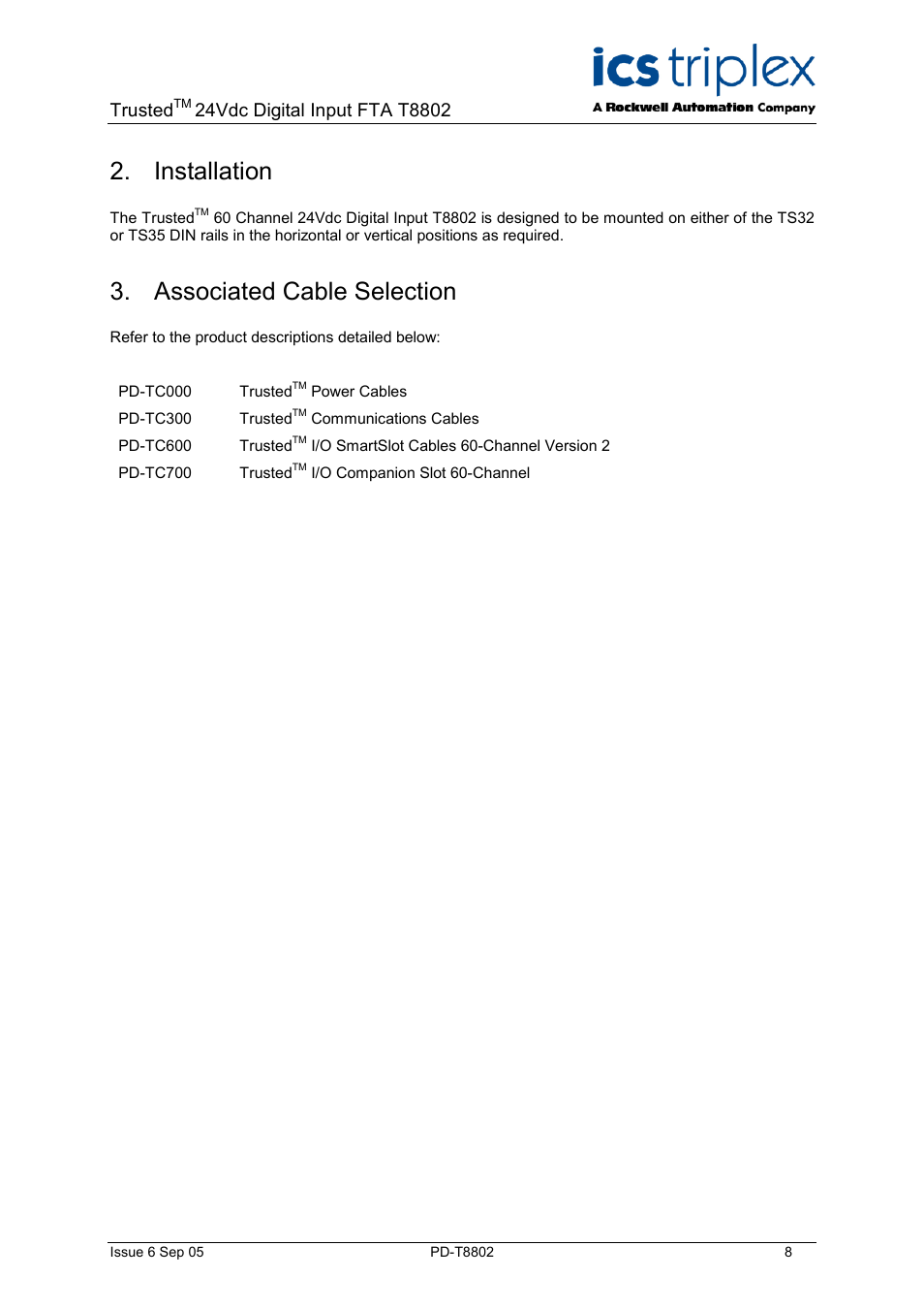 Installation, Associated cable selection, Trusted | Rockwell Automation T8802 Trusted 24 Vdc Digirtal Input FTA - 60 Channel User Manual | Page 8 / 16