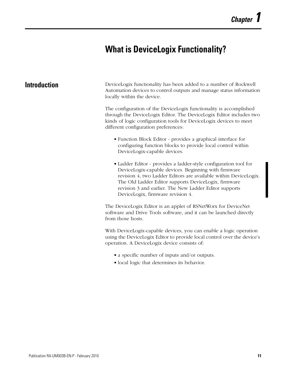 Chapter 1: what is devicelogix functionality, Introduction, What is devicelogix functionality | Chapter | Rockwell Automation DeviceLogix System User Manual User Manual | Page 11 / 209