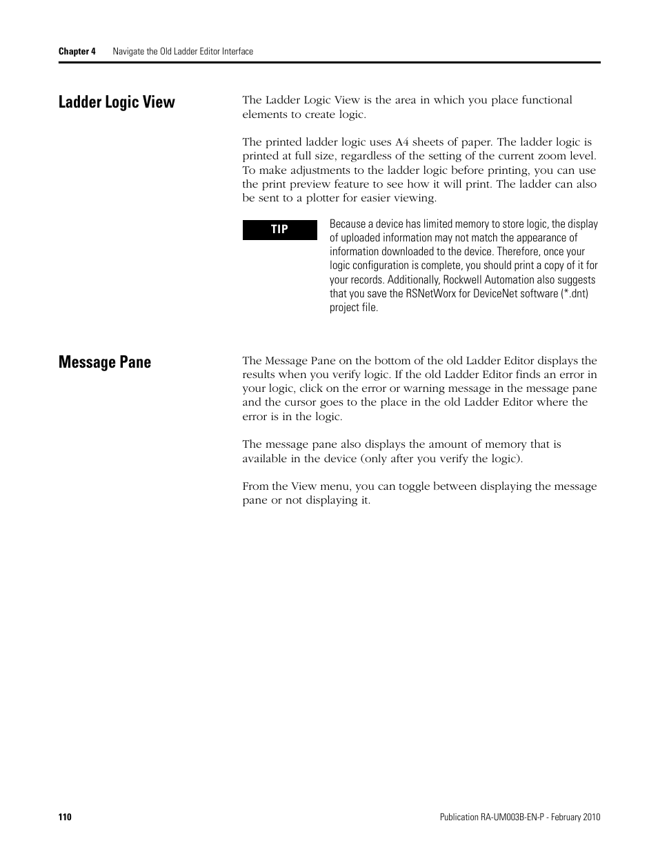 Ladder logic view, Message pane | Rockwell Automation DeviceLogix System User Manual User Manual | Page 110 / 209