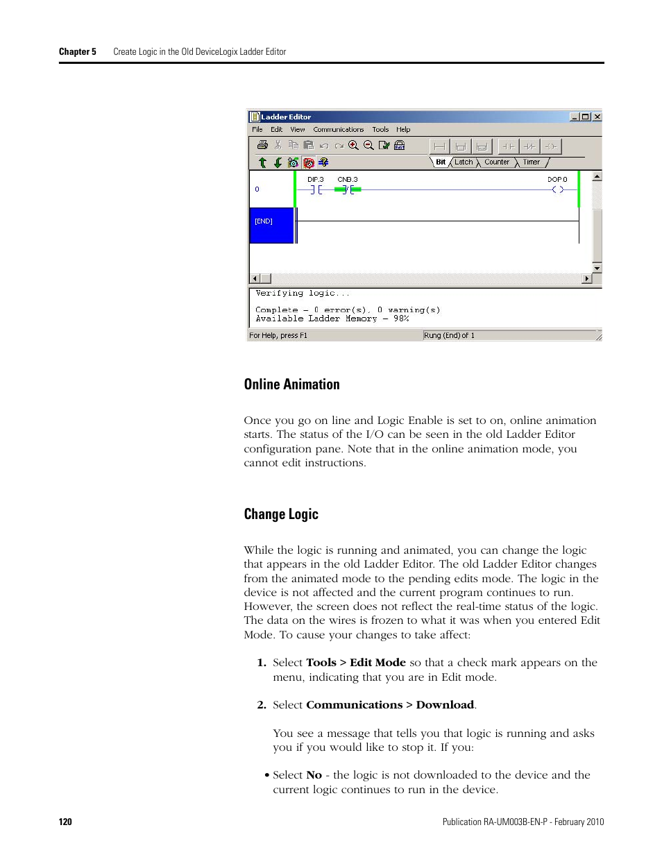 Online animation, Change logic | Rockwell Automation DeviceLogix System User Manual User Manual | Page 120 / 209