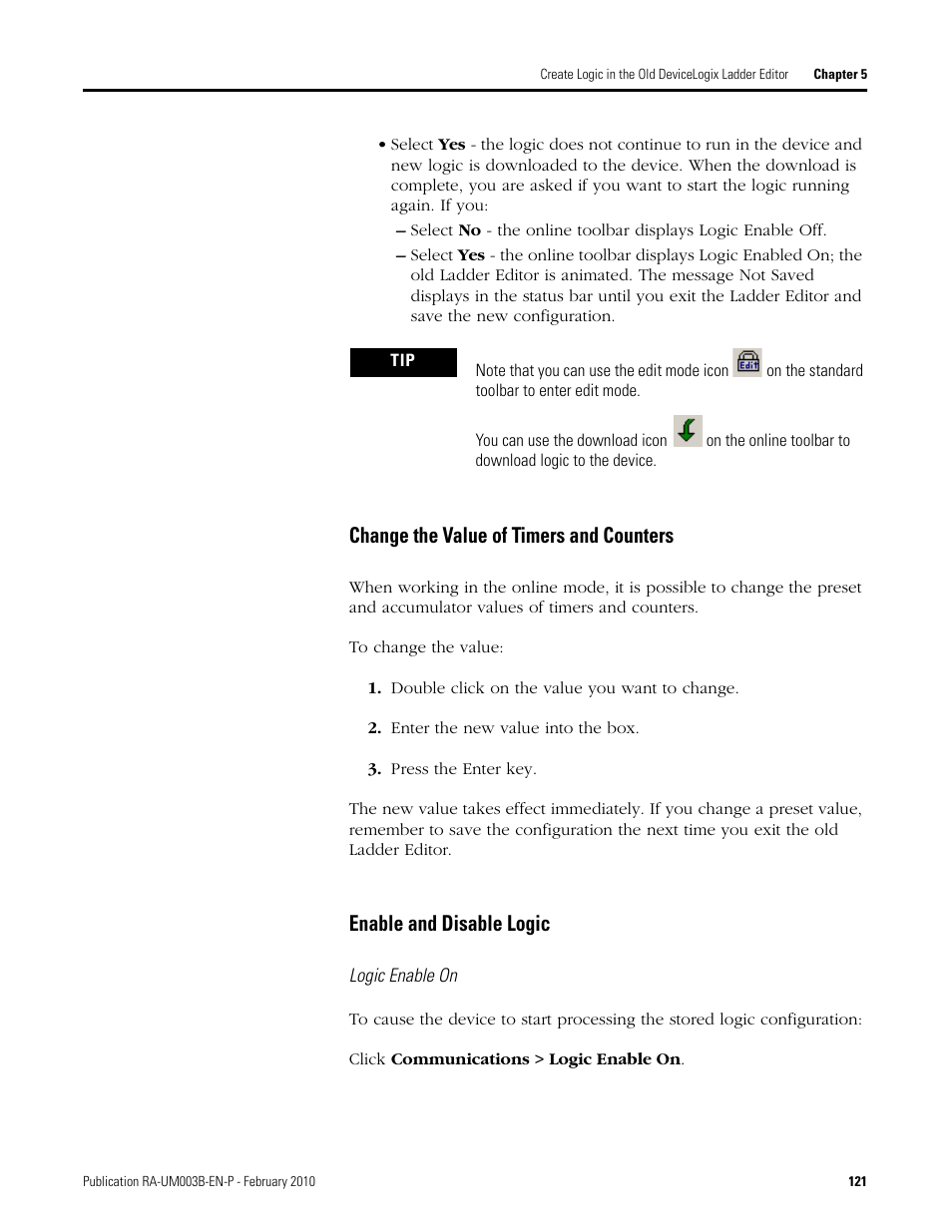 Change the value of timers and counters, Enable and disable logic | Rockwell Automation DeviceLogix System User Manual User Manual | Page 121 / 209