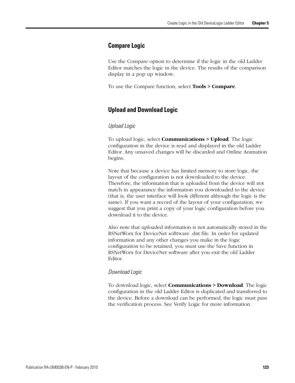 Compare logic, Upload and download logic | Rockwell Automation DeviceLogix System User Manual User Manual | Page 123 / 209