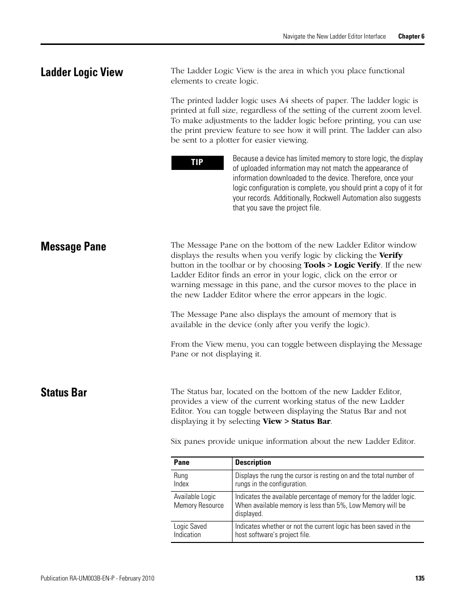 Ladder logic view, Message pane, Status bar | Rockwell Automation DeviceLogix System User Manual User Manual | Page 135 / 209
