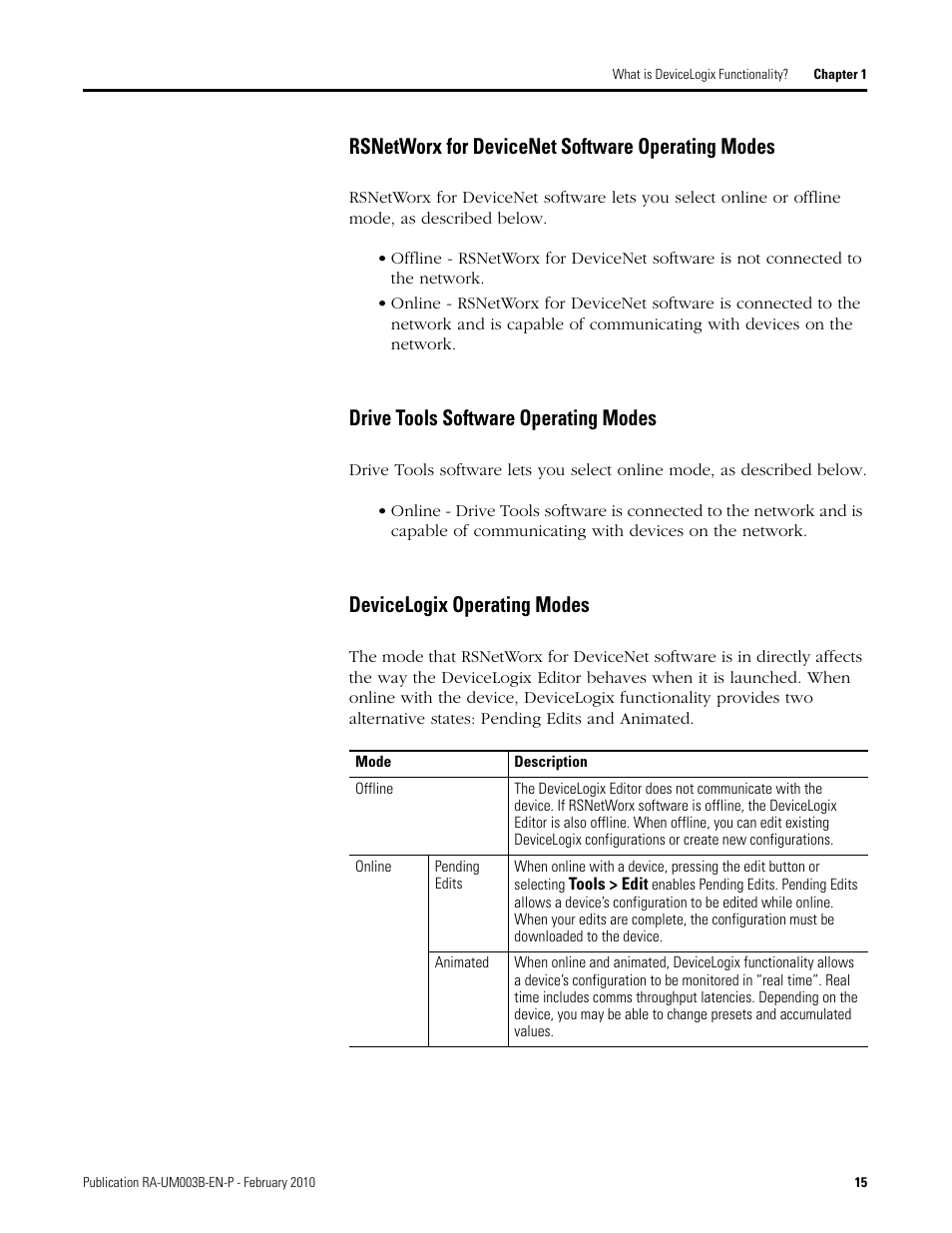 Rsnetworx for devicenet software operating modes, Drive tools software operating modes, Devicelogix operating modes | Rockwell Automation DeviceLogix System User Manual User Manual | Page 15 / 209