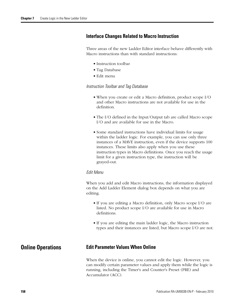 Interface changes related to macro instruction, Online operations, Edit parameter values when online | Rockwell Automation DeviceLogix System User Manual User Manual | Page 158 / 209