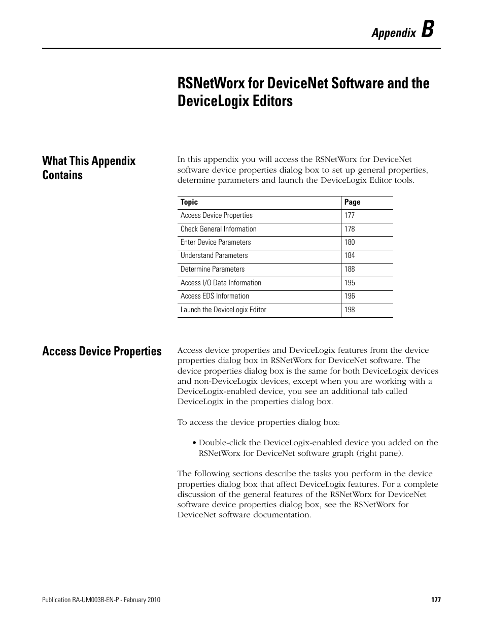 What this appendix contains, Access device properties, Appendix | Rockwell Automation DeviceLogix System User Manual User Manual | Page 177 / 209
