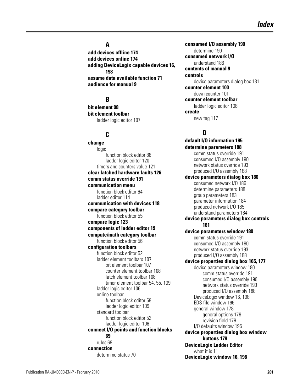 Index | Rockwell Automation DeviceLogix System User Manual User Manual | Page 201 / 209