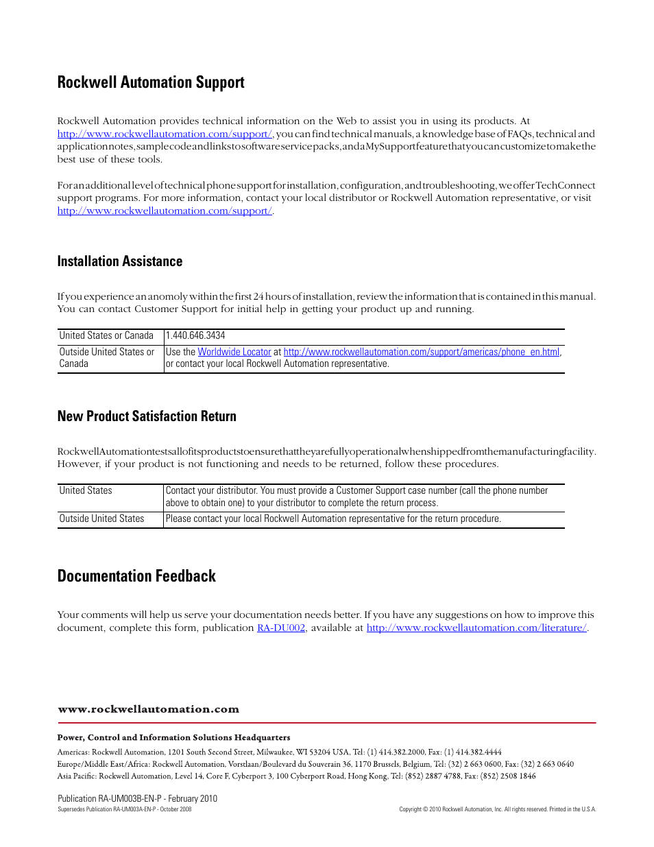 Back cover, Rockwell automation support, Documentation feedback | Installation assistance, New product satisfaction return | Rockwell Automation DeviceLogix System User Manual User Manual | Page 208 / 209