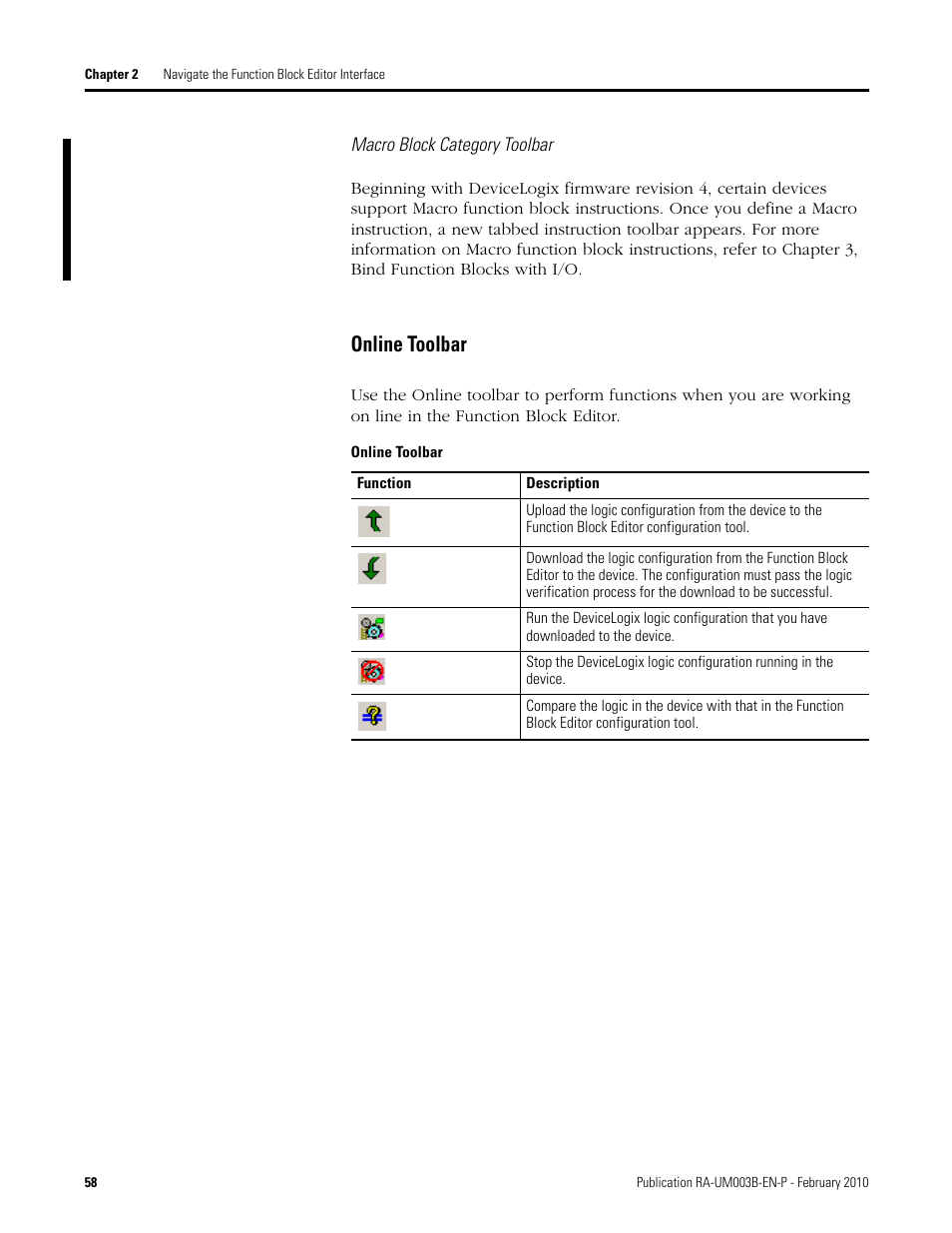 Macro block category toolbar, Online toolbar | Rockwell Automation DeviceLogix System User Manual User Manual | Page 58 / 209